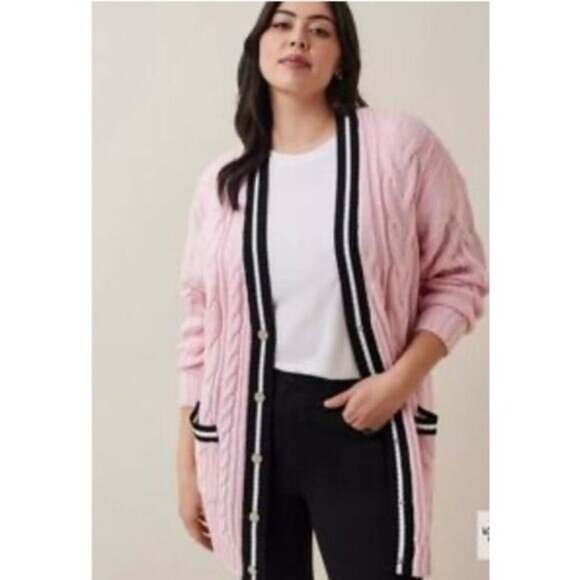 Torrid Pink Cable Knit Cardigan Sweater Size 1-US 14/16 Preppy Varsity Style - Picture 2 of 11